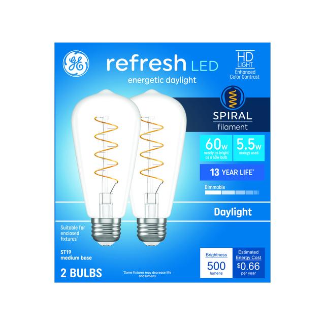 GE Refresh HD LED 60 Watt Replacement, Daylight, ST19 Edison Bulbs (2 Pack)