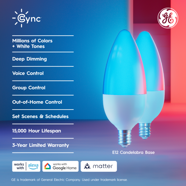 GE Cync B11 Smart LED Light Bulb, Color Changing WiFi Light, Works with Alexa and Google Home, 2-Pack