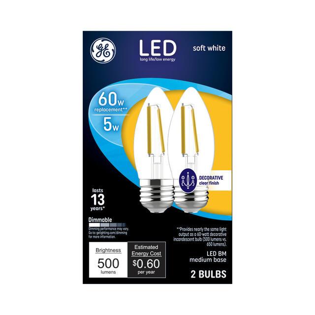 GE Classic LED 60 Watt Replacement, Soft White, B11 Deco - Candle Bulbs (2 Pack)