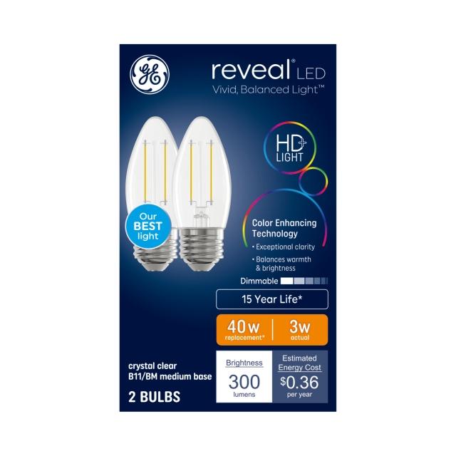 GE Reveal HD+ LED 40 Watt Replacement, Reveal, B11 Deco - Candle Bulbs (2 Pack)