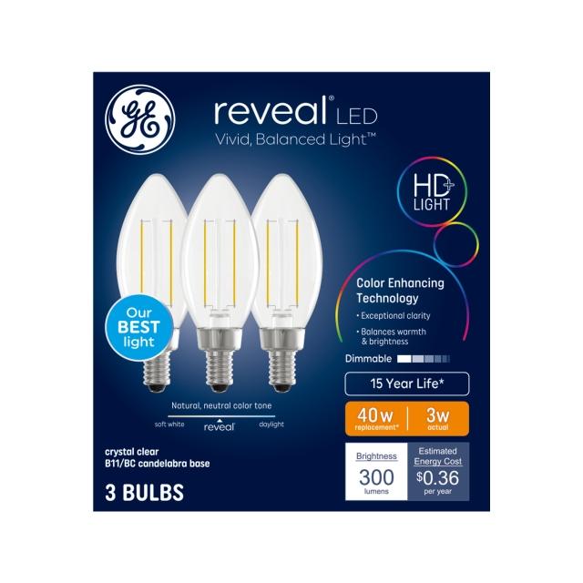 GE Reveal HD+ LED 40 Watt Replacement, Reveal, B11 Deco - Candle Bulbs (3 Pack)