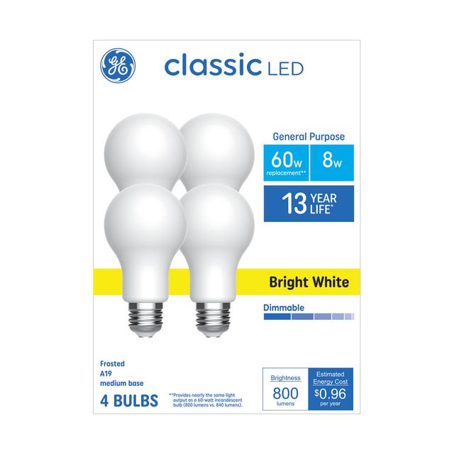 GE Classic LED 60 Watt Replacement, Bright White, A19 General Purpose Bulbs (4 Pack)