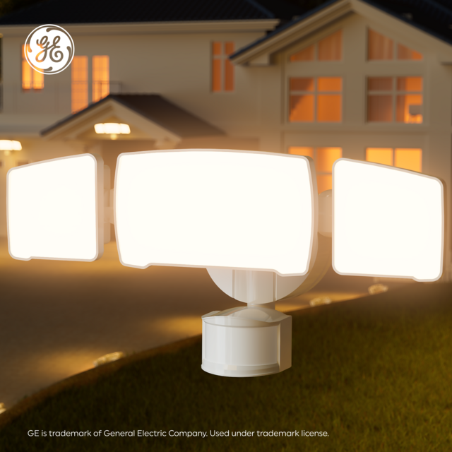 GE Outdoor Security Flood Lights, Adjustable 3-Head Light with Motion & Dusk to Dawn Sensor, Hardwired, 5500 Lumens