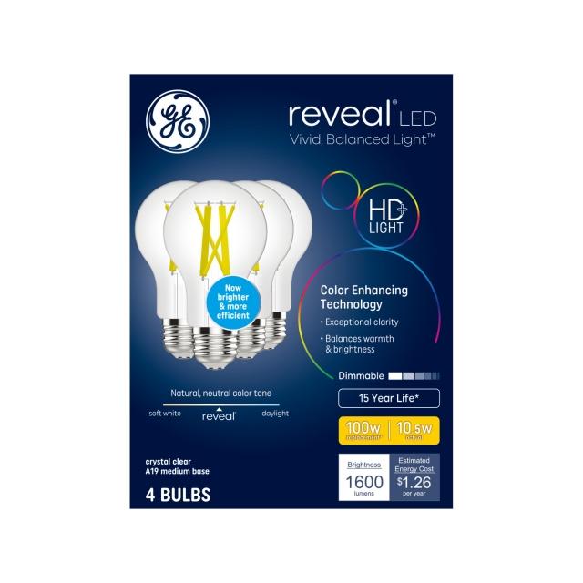 GE Reveal HD+ LED 100 Watt Replacement, Reveal, A19 General Purpose Bulbs (4 Pack)
