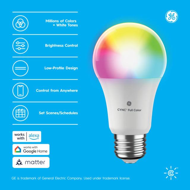 GE Cync A19 Smart LED Light Bulb, Color Changing Smart WiFi Lights, Matter Compatible, Works with Alexa and Google Home