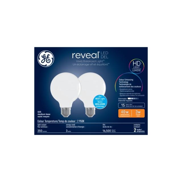 GE Reveal HD+ LED 40 Watt Replacement, Reveal, G25 Vanity - Globe Bulbs (2 Pack)