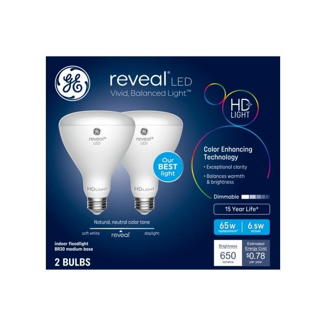 GE Reveal HD+ LED 65 Watt Replacement, Warm White, BR30 Indoor Floodlight Bulbs (2 Pack)
