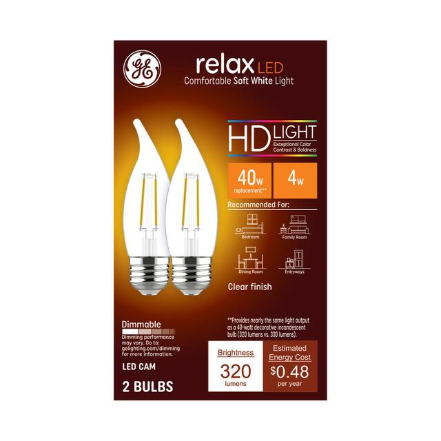 GE Relax HD CA11 LED Light Bulbs, Decorative Candle Bulbs, 40 Watt Replacement, Soft White (2 Pack)