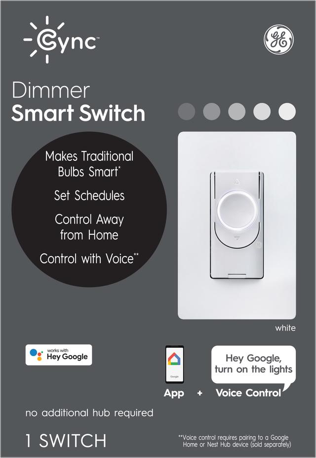 GE Lighting CYNC Smart Dimmer Light Switch, Neutral Wire Required, Bluetooth and 2.4 GHz Wi-Fi 4-Wire Switch, Works with Alexa and Google Home, White
