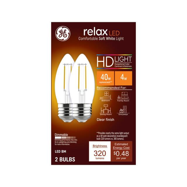 GE Relax HD B11 LED Light Bulbs, Decorative Candle Bulbs, 40 Watt Replacement, Soft White (2 Pack)