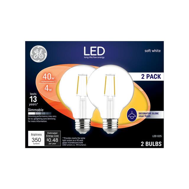 GE Classic LED 40 Watt Replacement, Soft White, G25 Vanity - Globe Bulbs (2 Pack)