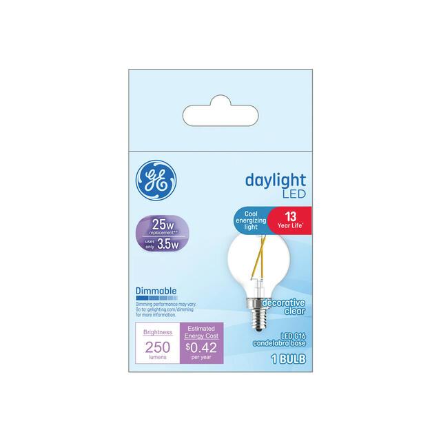 GE LED Light Bulb, G16.5 Vanity Globe Light, 25 Watt Replacement, Daylight