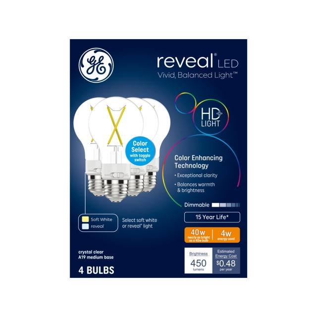 GE Reveal HD+ LED 40 Watt Replacement, Reveal + Soft White, A19 General Purpose Bulbs (4 Pack)