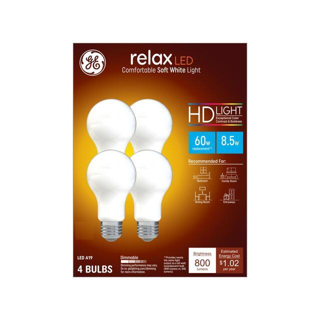 GE Relax HD LED 60 Watt Replacement, Soft White, A19 General Purpose Bulbs (4 Pack)