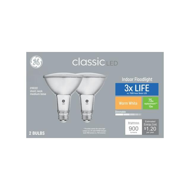 GE Classic LED 75 Watt Replacement, Warm White, PAR30 Indoor Floodlight Bulbs (2 Pack)
