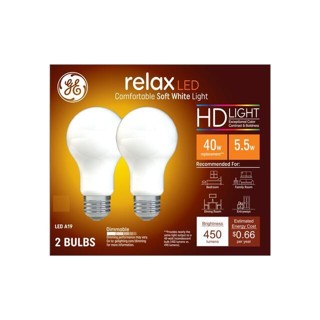GE Relax HD A19 LED Light Bulbs, General Purpose Bulbs, 40 Watt Replacement, Soft White (2 Pack)