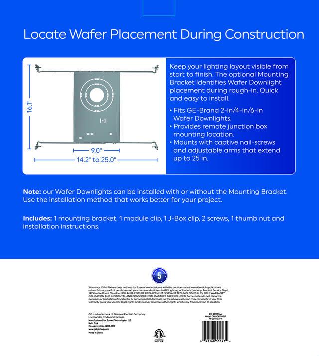 GE Wafer Downlight Mounting Bracket, Compatible with 2, 4, & 6in Wafer Light Fixtures