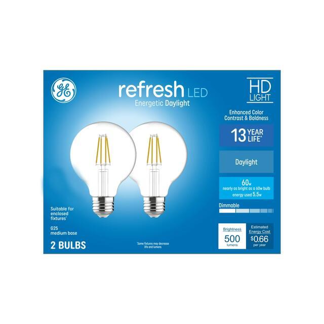 GE Refresh HD LED 60 Watt Replacement, Daylight, G25 Vanity - Globe Bulbs (2 Pack)