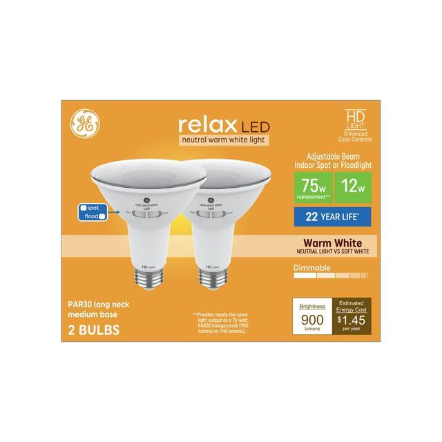 GE Relax HD PAR30L LED Light Bulbs Indoor Floodlight Long Neck Bulbs 75 Watt Replacement Warm White 2 Pack