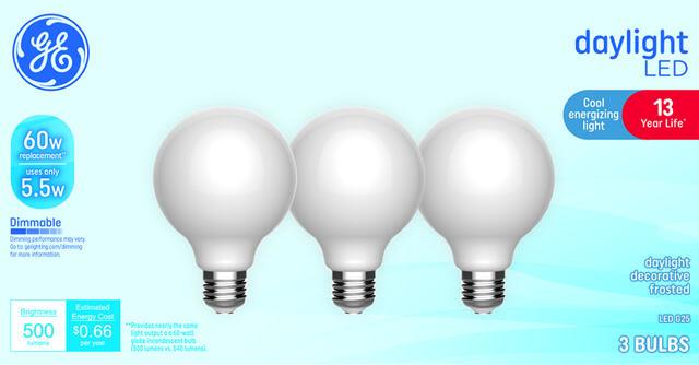 GE Classic LED 60 Watt Replacement, Daylight, G25 Vanity - Globe Bulbs (3 Pack)