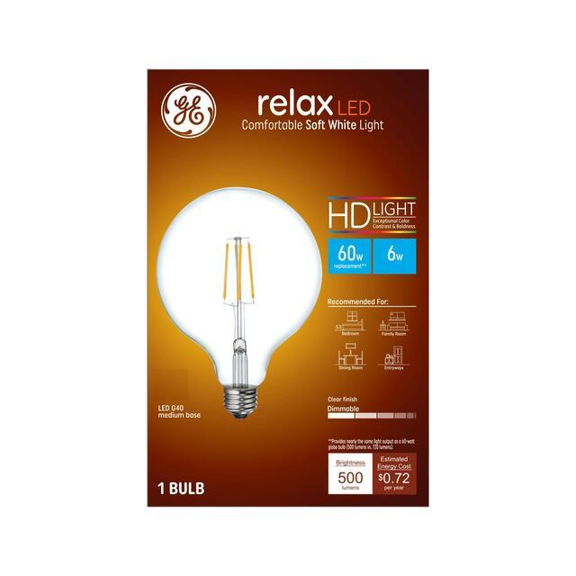GE Relax HD G40 LED Light Bulb, Vanity Globe Light, 60 Watt Replacement, Soft White