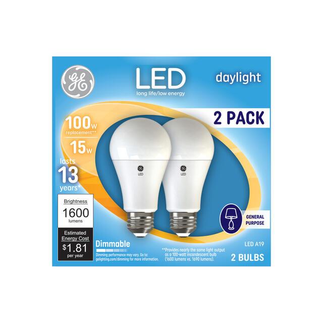 GE Classic LED 100 Watt Replacement, Daylight, A19+ General Purpose Bulbs (2 Pack)