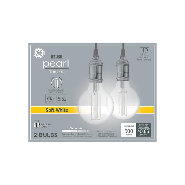 GE Pearl Filament LED 60 Watt Replacement, Soft White, G25 Deco - Globe Bulbs (2 Pack)