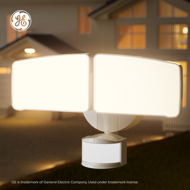 GE Outdoor Security Flood Lights, Adjustable 2-Head Light with Motion & Dusk to Dawn Sensor, Hardwired, 3500 Lumens