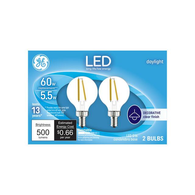 GE LED Light Bulbs, G16.5 Vanity Globe Lights, 60 Watt Replacement, Daylight (2 Pack)