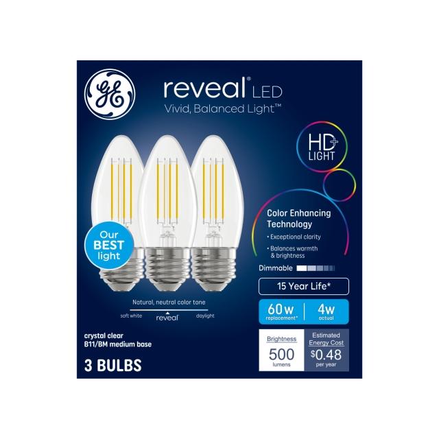 GE Reveal HD+ LED 60 Watt Replacement, Reveal, B11 Ceiling Fan Bulbs (3 Pack)