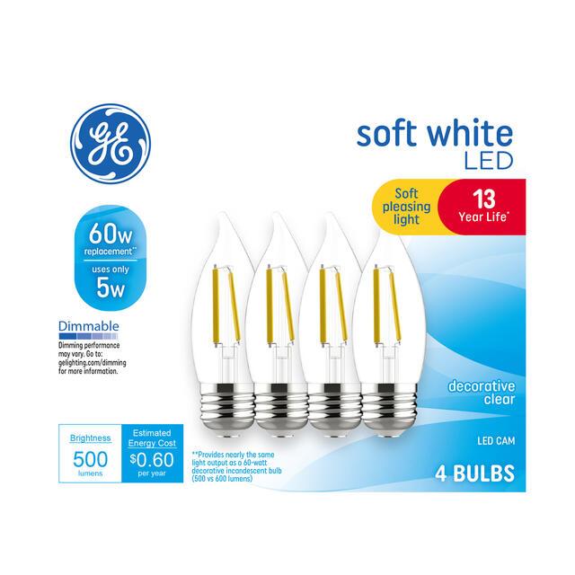 GE Classic LED 60 Watt Replacement, Soft White, CA11 Deco - Candle Bulbs (4 Pack)