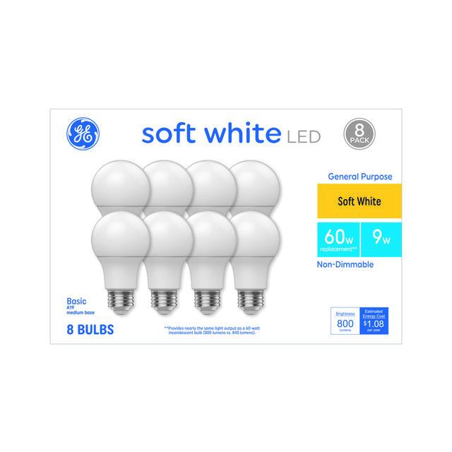 GE Basic LED 60 Watt Replacement, Soft White, A19 General Purpose Bulbs (8 Pack)