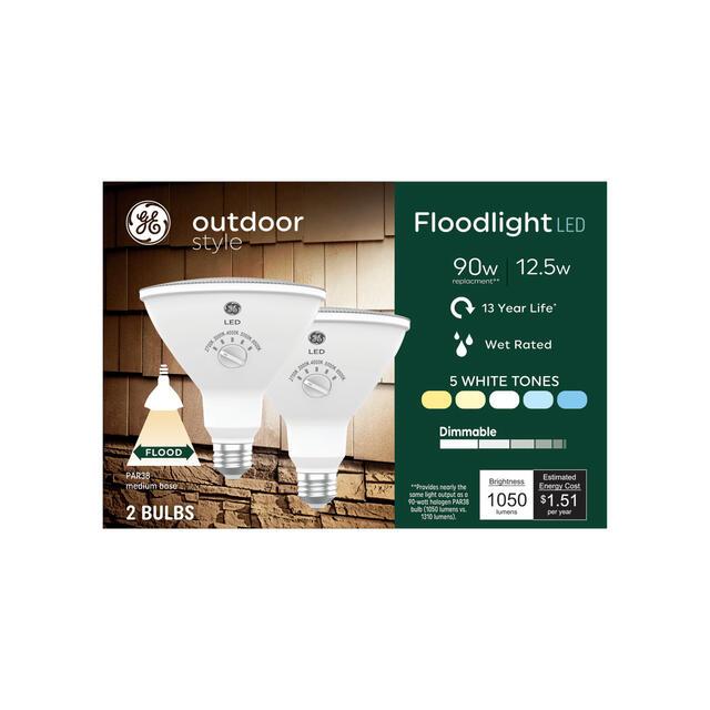 GE Outdoor Style Security PAR38 LED Floodlight, 90W Replacement Light Bulb, 5 White Tone Selection (2 Pack)