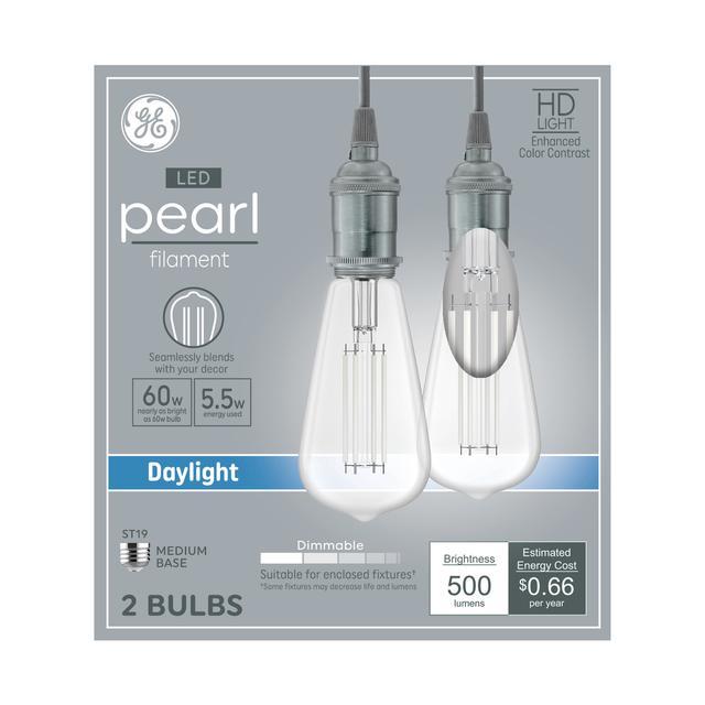 GE White Filament ST19 LED Light Bulbs, Edison Style Bulb, 60 Watt Replacement, Daylight (2 Pack)