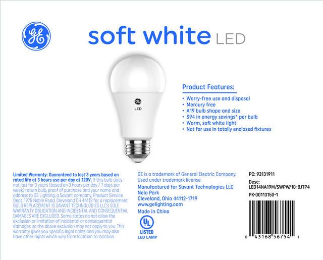 GE Basic LED 100 Watt Replacement, Soft White, A19 General Purpose Bulbs (4 Pack)