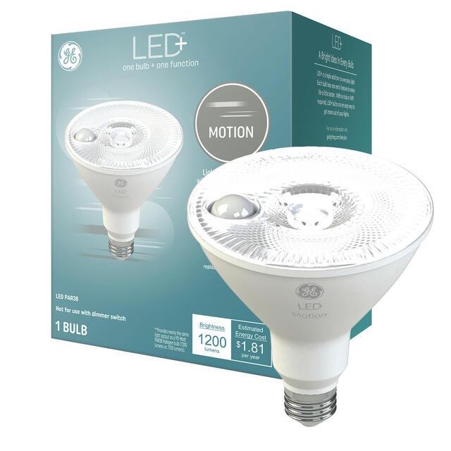 GE LED+ Motion Sensor LED Light Bulb, PAR38 Outdoor Security Floodlight, Daylight