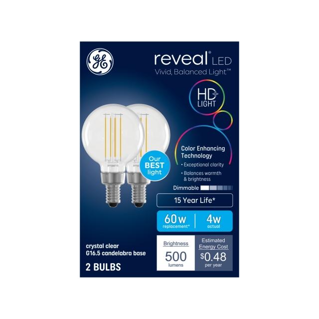 GE Reveal HD+ LED 60 Watt Replacement, Reveal, G16.5 Vanity - Globe Bulbs (2 Pack)