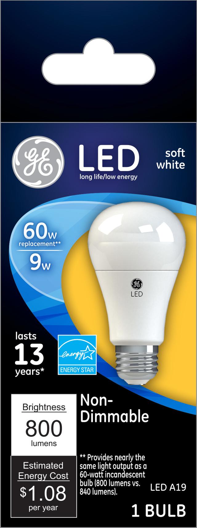 Remplacement GE Classic/LED Core 60 LED Watt, blanc doux, A19 pack d’ampoules à usage général (1 )