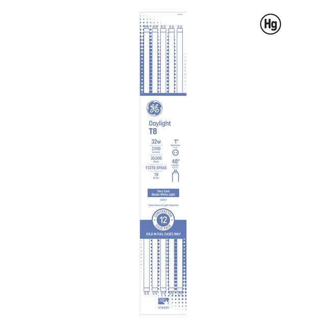 GE Daylight 32 Watt 48 Inch T8 G13 Base Fluorescent Tube 12 Pack