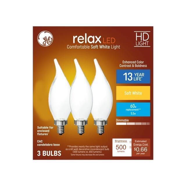 GE Relax HD CA11 LED Light Bulbs, Decorative Candle Bulbs, 60 Watt Replacement, Soft White (3 Pack)