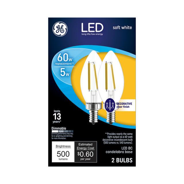 GE Classic LED 60 Watt Replacement, Soft White, B11 Deco - Candle Bulbs (2 Pack)