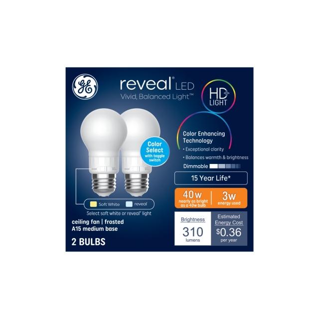 GE Reveal HD+ LED 40 Watt Replacement, Reveal + Soft White, A15 Ceiling Fan Bulbs (2 Pack)