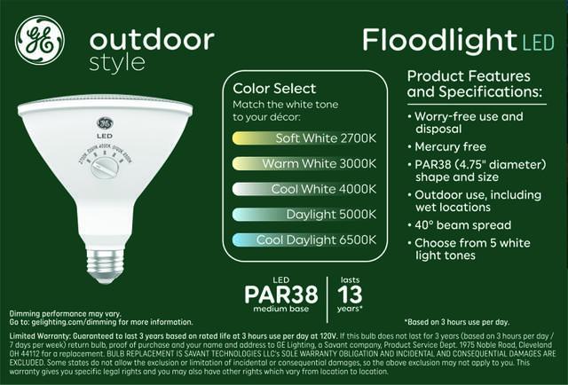 GE Outdoor Style Security PAR38 LED Floodlight, 90W Replacement Light Bulb, 5 White Tone Selection (2 Pack)