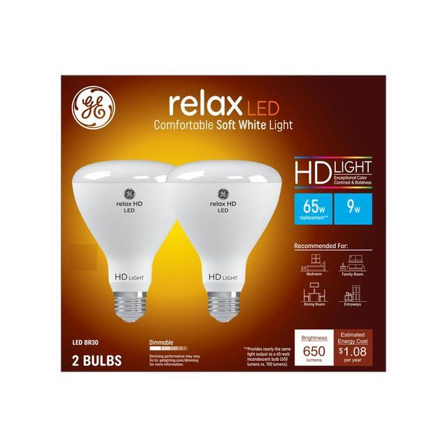 GE Relax HD BR30 LED Light Bulbs, Indoor Floodlight Bulbs, 65 Watt Replacement, Soft White (2 Pack)