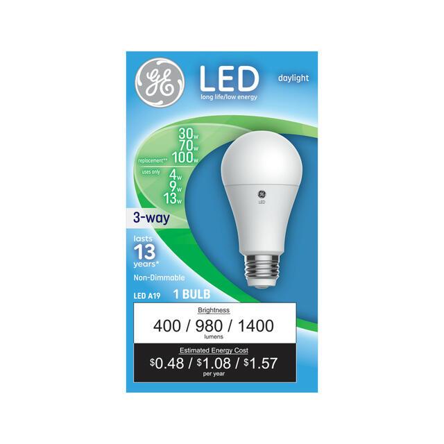 GE LED Light Bulb, A19 A19 3-Way Bulb, 100/70/30 Watt Replacement, Daylight