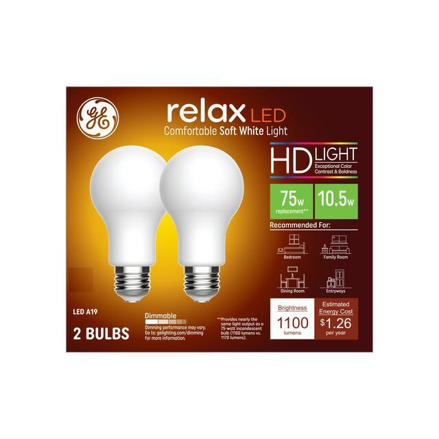 GE Relax HD LED 75 Watt Replacement, Soft White, A19 General Purpose Bulbs (2 Pack)