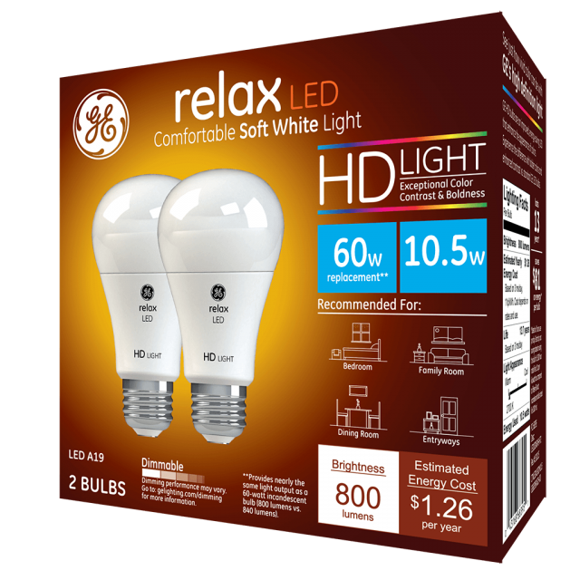 4-Pack GE RELAX HD Soft White 60W  A19 Dimmable LED Light Bulbs Standard Base 