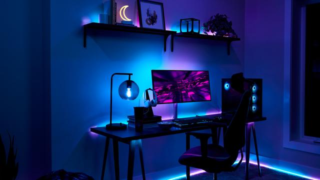 Gamer Desk with Blue and purple lighting
