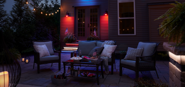 Outdoor patio with red white and blue lights