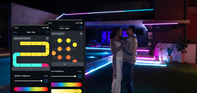Couple dancing on patio with light strips and segment control app screens
